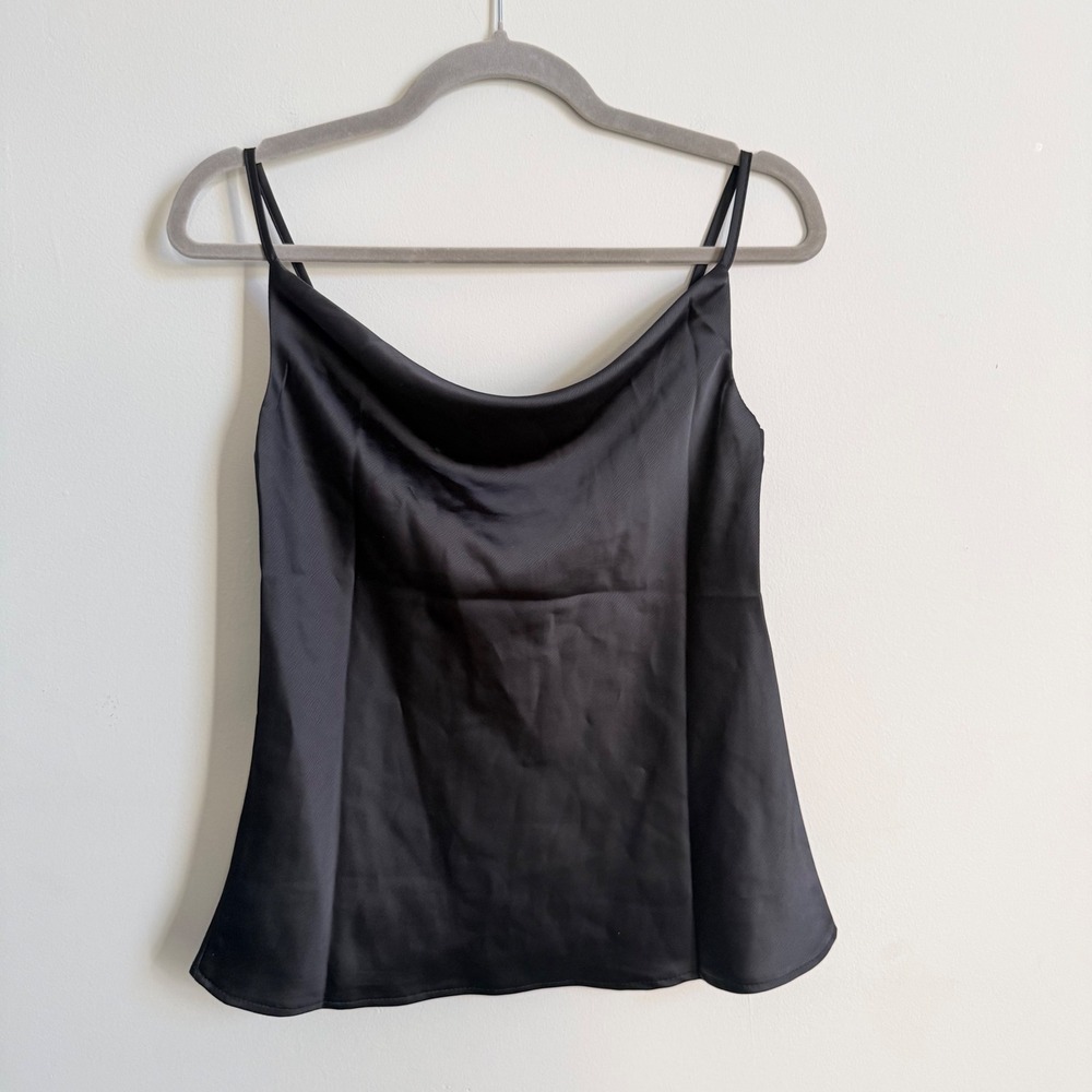 Glam Black Satin Cowl Neck Camisole Top Adjustable Straps Womens Small NWT